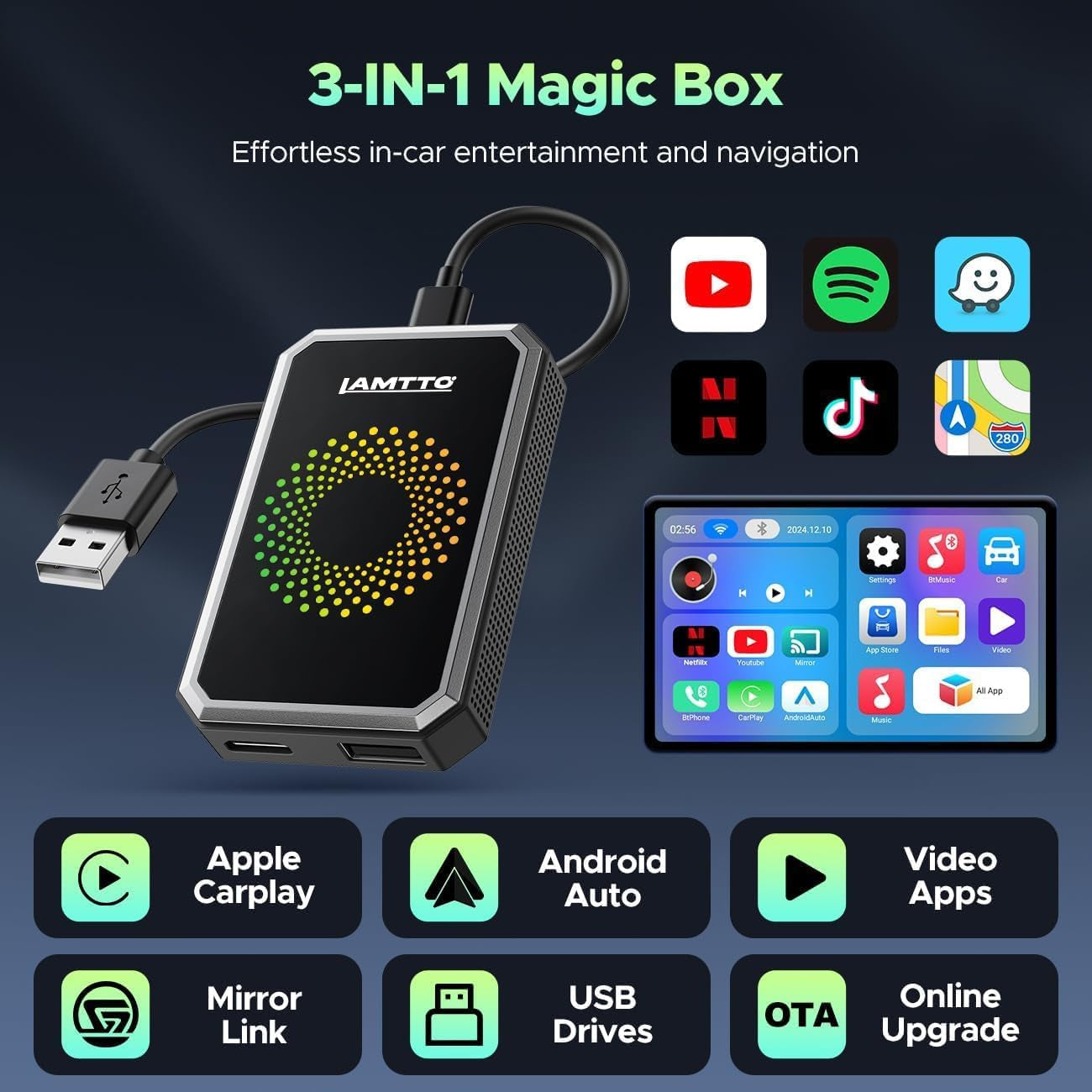 3-In-1 Magic Video Box for Streaming Netflix/Youtube/Tiktok, Wireless Carplay Adapter Dongle with USB Drive for OEM Wired Apple Car Play and Android Auto Cars