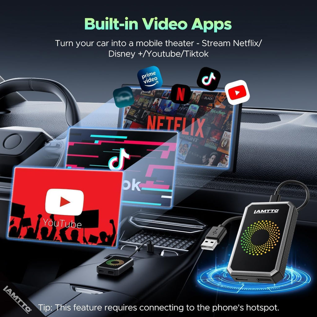 3-In-1 Magic Video Box for Streaming Netflix/Youtube/Tiktok, Wireless Carplay Adapter Dongle with USB Drive for OEM Wired Apple Car Play and Android Auto Cars